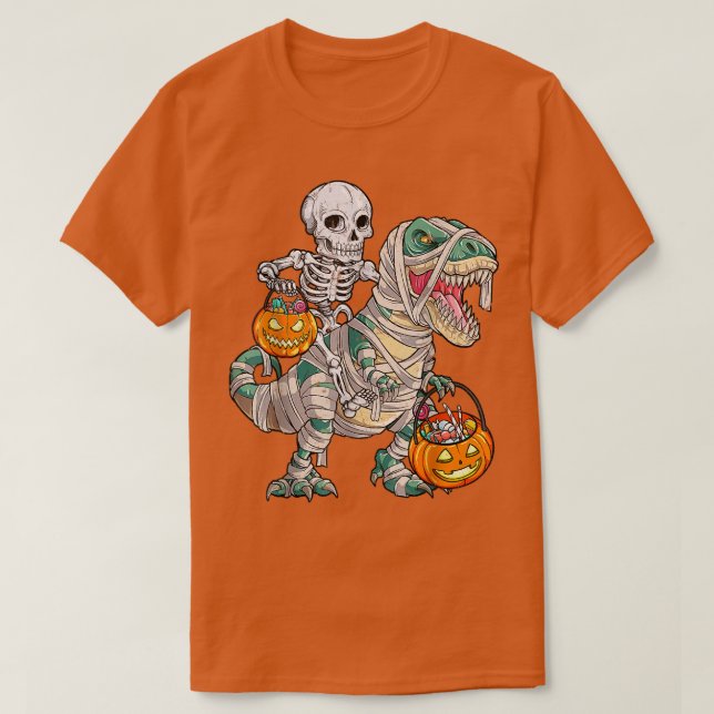 Distressed Skeleton Riding Mummy Dinosaur T re Hal T-Shirt (Design Front)