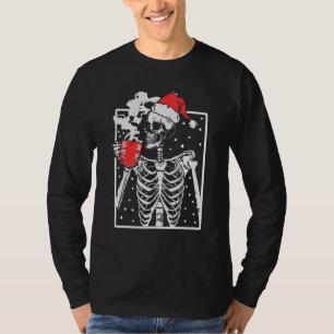 Distressed Skeleton Smiling Skull Drinking Coffee T-Shirt
