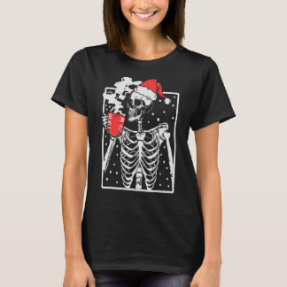 Distressed Skeleton Smiling Skull Drinking Coffee T-Shirt