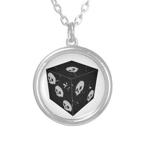 Distressed Skull Drawings Dice Silver Plated Necklace