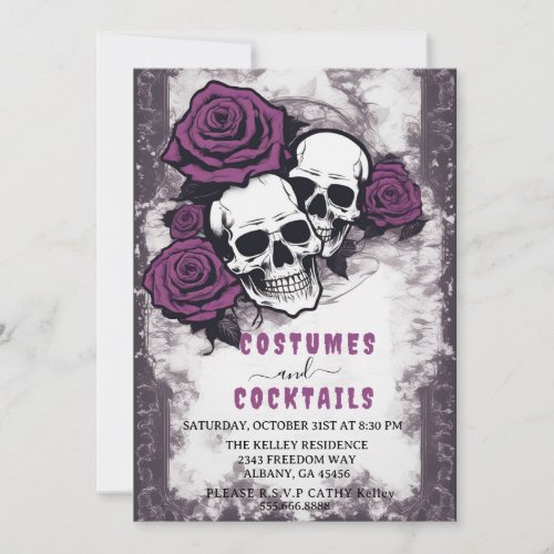 Distressed Skulls Purple Roses Halloween Party Invitation