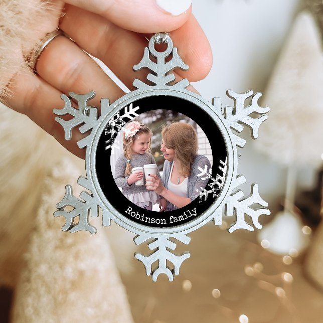 Distressed Snowflakes Black Photo Monogram Snowflake Pewter Christmas Ornament (Rustic snowflake family holiday keepsake photo ornament perfect for gifts to bring joy to others.)