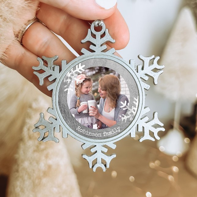Distressed Snowflakes Silver Photo Monogram Snowflake Pewter Christmas Ornament (Rustic snowflake family holiday keepsake photo ornament perfect for gifts to bring joy to others.)