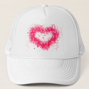 Distressed spray paint pink sparkling heart design trucker hat
