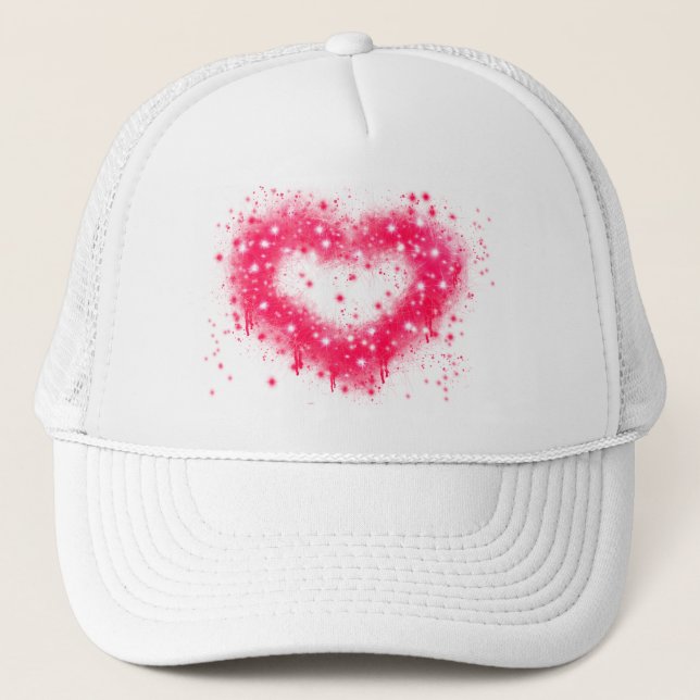 Distressed spray paint pink sparkling heart design trucker hat (Front)