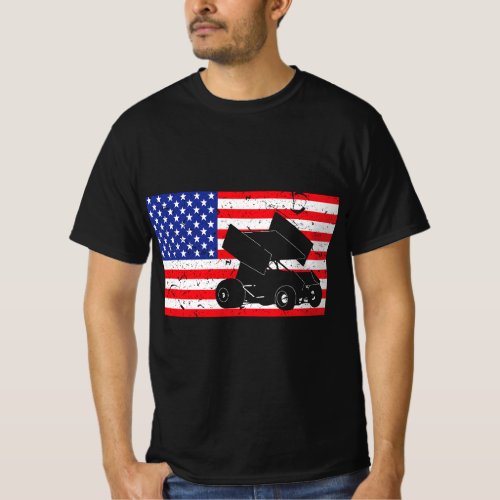Distressed Sprint Car Racing USA American Flag Vin T_Shirt