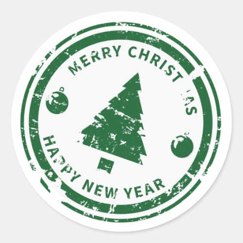Distressed Stamp Green Holiday Christmas Tree Classic Round Sticker