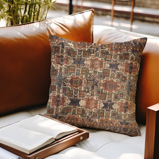 Distressed Star Kazak Orange Blue Throw Pillow (Creator Uploaded)