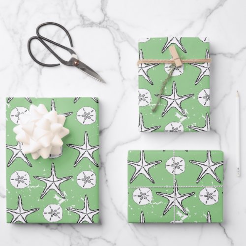 Distressed Starfish Sand Dollar Sketch Pattern Wrapping Paper Sheets