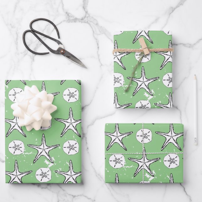 Distressed Starfish Sand Dollar Sketch Pattern Wrapping Paper Sheets (Front)