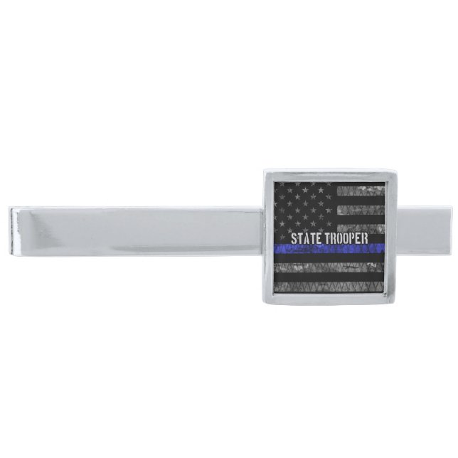 Distressed State Trooper Police Flag Silver Finish Tie Bar (Front)