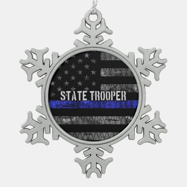 Distressed State Trooper Police Flag Snowflake Pewter Christmas Ornament (Front)
