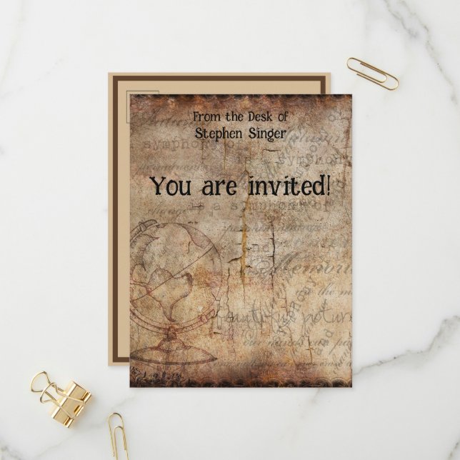 Distressed Steampunk Globe Travel Journal Paper Invitation Postcard (Front/Back In Situ)