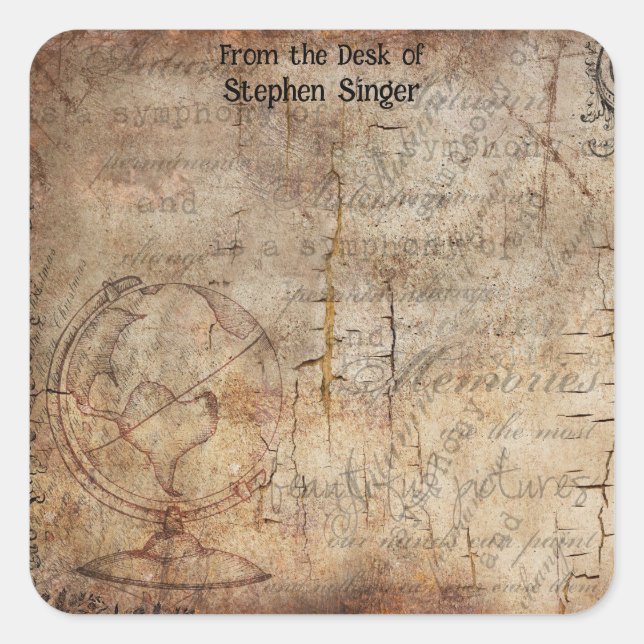Distressed Steampunk Globe Travel Journal Paper Square Sticker (Front)