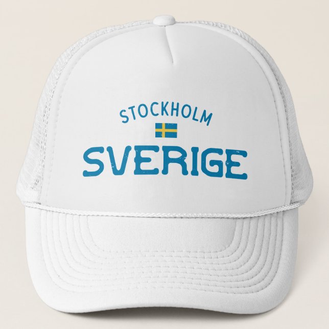 Distressed Stockholm Sverige (Sweden) Trucker Hat (Front)