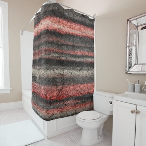 Distressed Stripes Coral Pink Black Grey Abstract Shower Curtain
