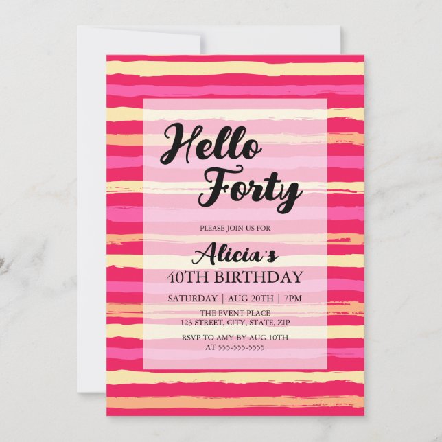 Distressed Stripes Pink Colorful 40th Birthday  Invitation (Front)