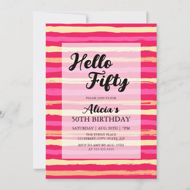 Distressed Stripes Pink Colorful 50th Birthday  Invitation (Front)