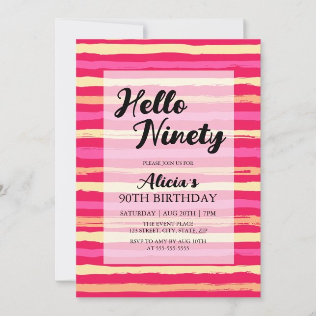 Distressed Stripes Pink Colorful 90th Birthday  Invitation (Front)