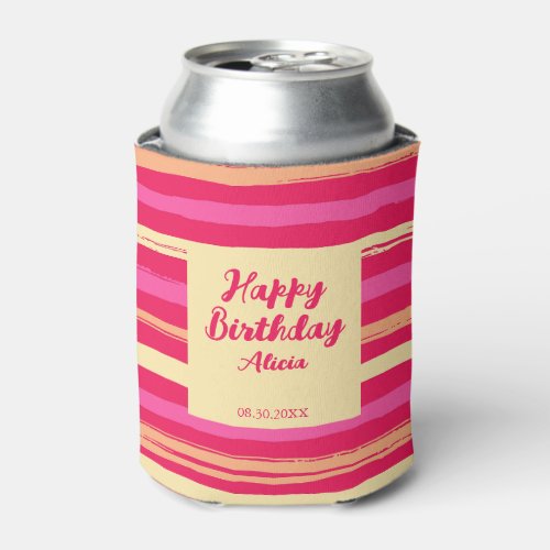 Distressed Stripes Pink Peach Colorful Birthday Can Cooler