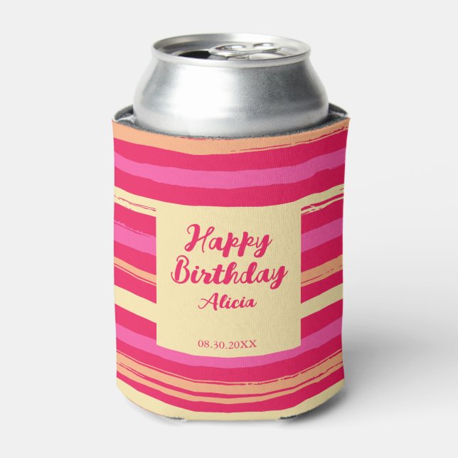 Distressed Stripes Pink Peach Colorful Birthday Can Cooler (Can Front)