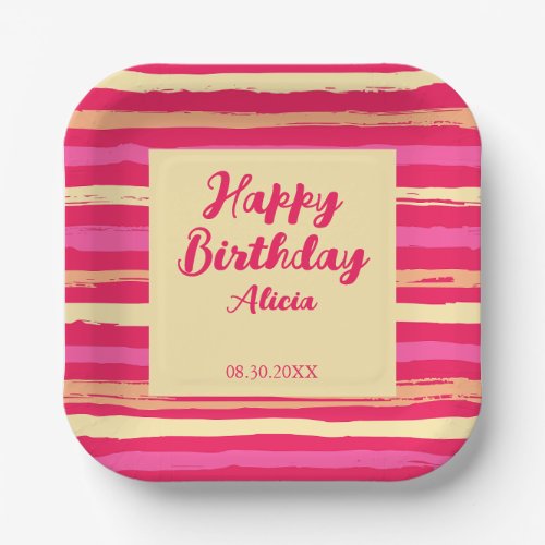 Distressed Stripes Pink Peach Colorful Birthday Paper Plates