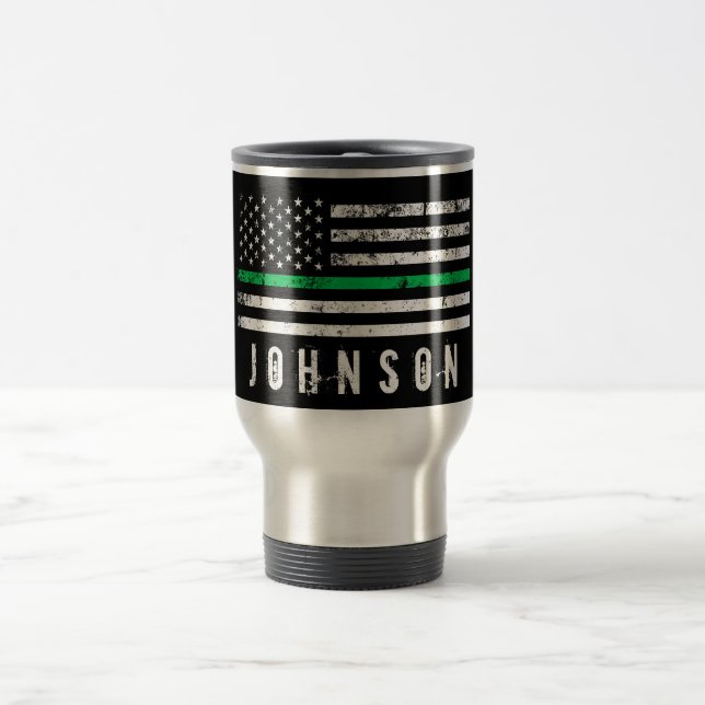Distressed Style American Thin Green Line Flag Travel Mug (Center)