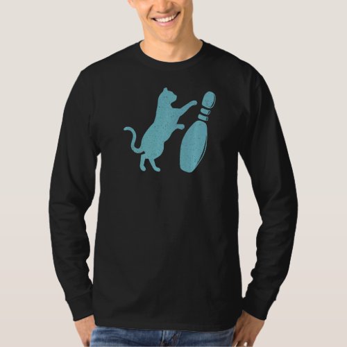 Distressed Style Cute Cat Knocking Over Bowling Pi T_Shirt