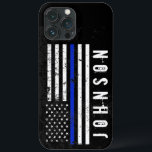 Distressed Style Police Flag Personalized Name iPhone 13 Pro Max Case<br><div class="desc">This unique phone case features a thin blue line police flag-themed flag in the center in a rugged cracked and distressed style.  To the side of this is a spot for your's or your gift recipient's unique first or last name.</div>