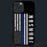 Distressed Style Police Flag Personalized Name iPhone 13 Pro Max Case<br><div class="desc">This unique phone case features a thin blue line police flag-themed flag in the center in a rugged cracked and distressed style.  To the side of this is a spot for your's or your gift recipient's unique first or last name.</div>