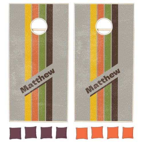 Distressed Sunset Clover Pin Striped with Name Cornhole Set