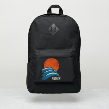 Distressed Surf Style Waves And Sun Personalized Port Authority® Backpack by AwkwardDesignCo at Zazzle