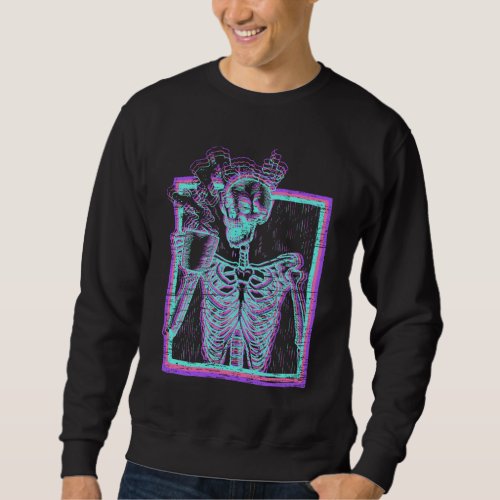 Distressed Synthwave Skeleton Vaporwave Smiling Sk Sweatshirt