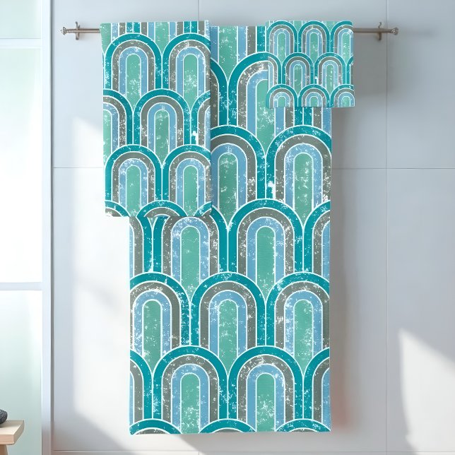Distressed Teal and Blue Retro Rainbow Arch  Bath Towel Set (Distressed retro rainbow arches in teal and blue for bold bathroom or boho home decor)