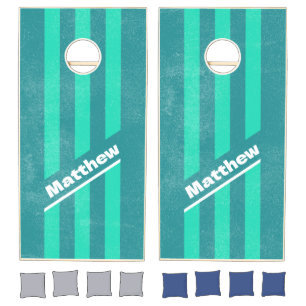 Distressed Teal Beach Breeze Pin Striped with Name Cornhole Set