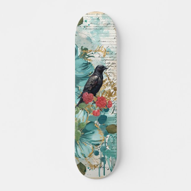 Distressed Teal Florals Raven & Roses Skateboard  (Front)