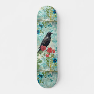Distressed Teal Florals Raven & Roses Skateboard 