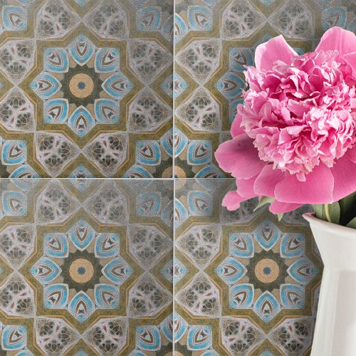 Distressed Teal White Gold Geometric Pattern