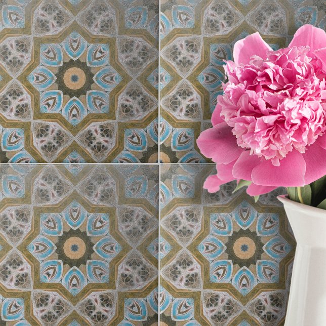 Distressed Teal White Gold Geometric Pattern Ceramic Tile (Creator Uploaded)