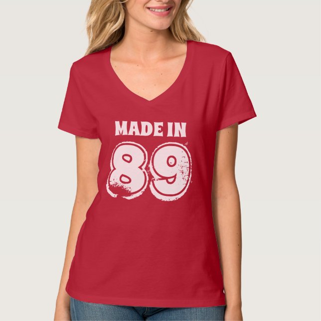 Distressed Text Birthday Made in 89 Typography Red T-Shirt (Front)