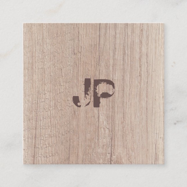 Distressed Text Monogram Wood Look Elegant Square Business Card (Front)