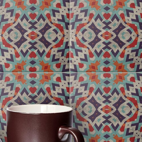 Distressed Textured Vibrant Mosac Geometric  Ceramic Tile
