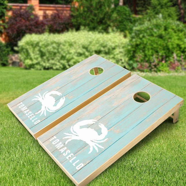 Distressed Tropical Blue Wood Crab Personalized Cornhole Set (Distressed Tropical Blue Wood Crab Personalized Cornhole Set)
