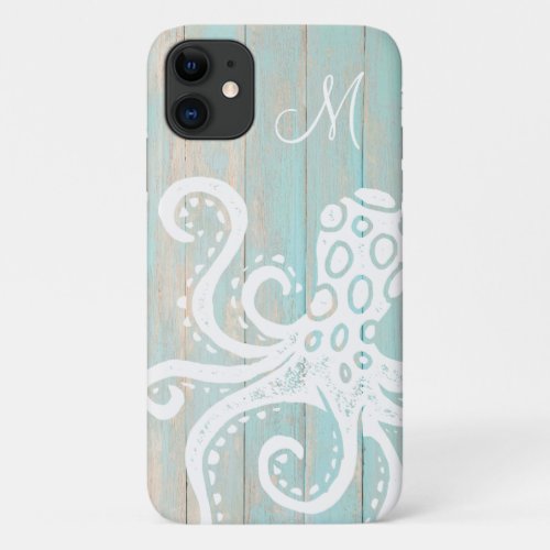 Distressed Turquoise Beach Wood Octopus Monogram iPhone 11 Case