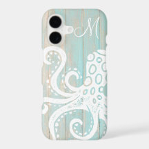Distressed Turquoise Beach Wood Octopus Monogram