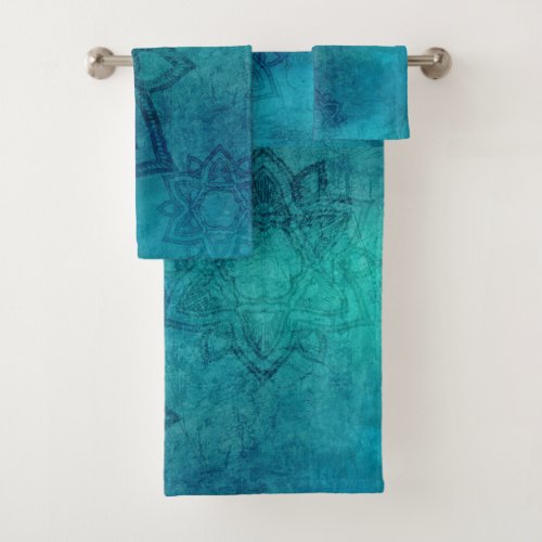 Distressed Turquoise Blue Mandala Design Bath Towel Set