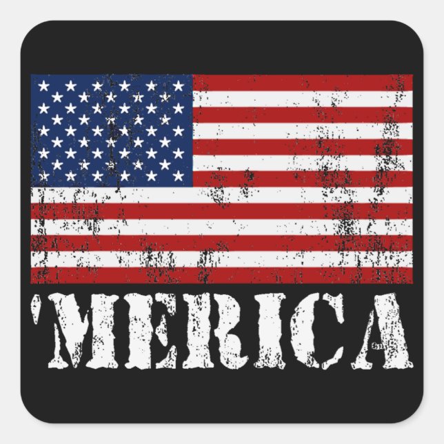 Distressed U.S. Flag 'MERICA Square Sticker (Front)