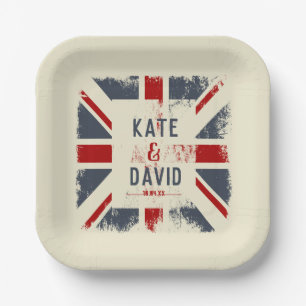 Distressed Union Jack Couple's Names Wedding Date Paper Plates