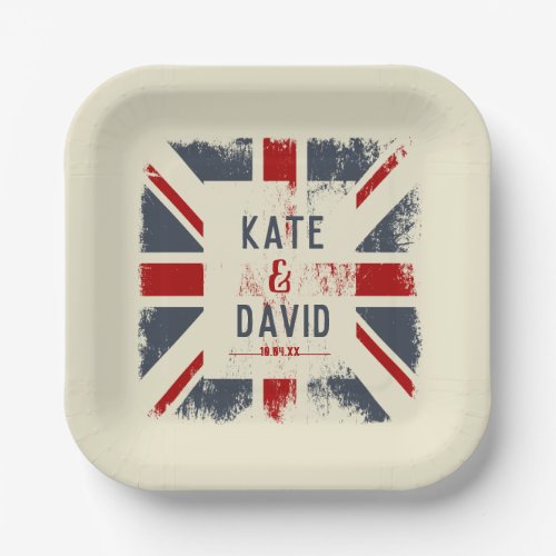 Distressed Union Jack Couples Names Wedding Date Paper Plates