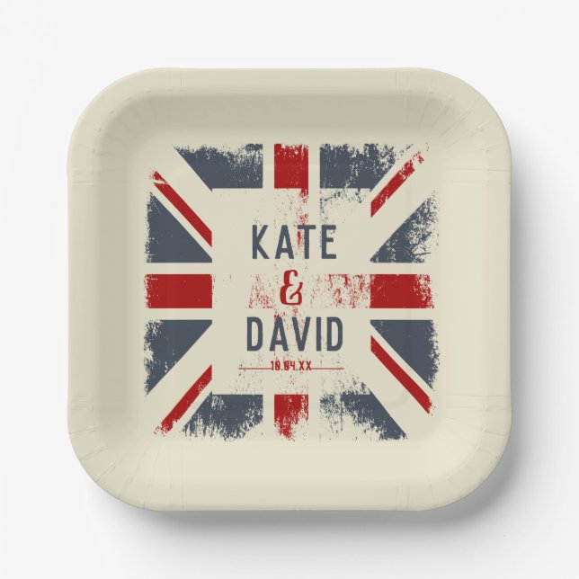 Distressed Union Jack Couple's Names Wedding Date Paper Plates (Front)